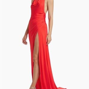 Designer Red Draped Halter Evening Gown with High Slit